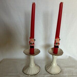 Lenox ~Set of 2 ~Cream w/Silver Trim Porcelain Candle Holders w/candles~4.5"x 4"